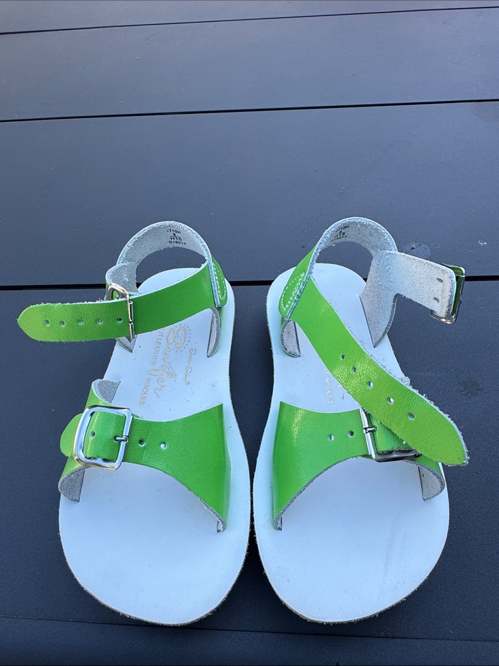 Kids Green Leather Two-Strap Sandals